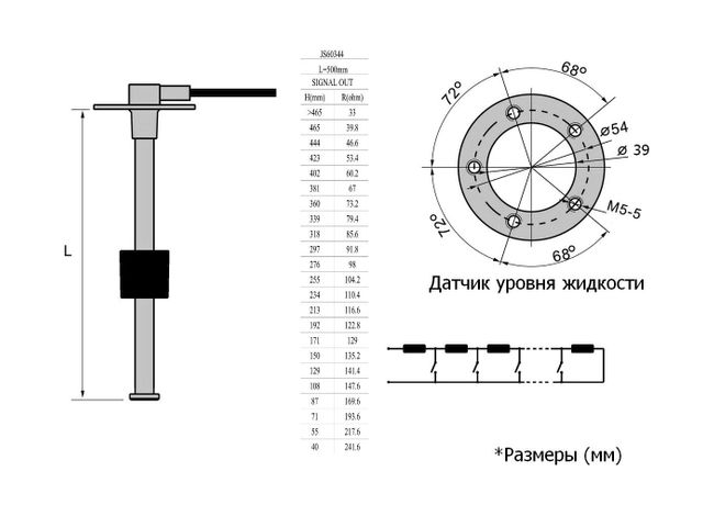 Датчик уровня 500 мм, 240-33 Ом, S5, Marine Rocket