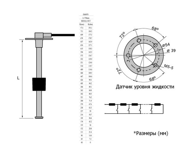 Датчик уровня 750 мм, 0-190 Ом, S5, Marine Rocket