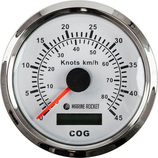 GPS-спидометр аналоговый 0-45 узлов, белый циферблат, нержавеющий ободок, выносная антенна, д. 85 мм, Marine Rocket