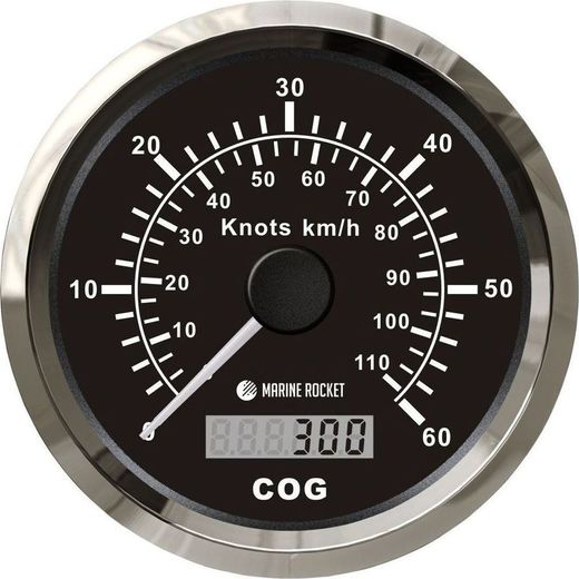 GPS-спидометр аналоговый 0-60 узлов, черный циферблат, нержавеющий ободок, выносная антенна, д. 85 мм, Marine Rocket