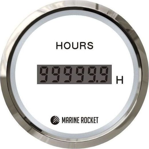 Счетчик моточасов цифровой 0-99999, 9 ч., белый циферблат, нержавеющий ободок, д. 52 мм, Marine Rocket