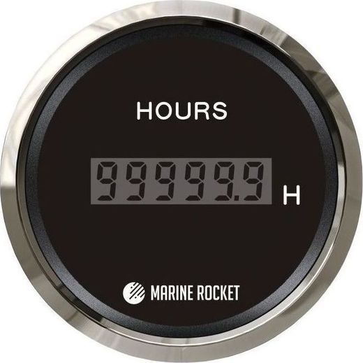 Счетчик моточасов цифровой 0-99999, 9 ч., черный циферблат, нержавеющий ободок, д. 52 мм, Marine Rocket