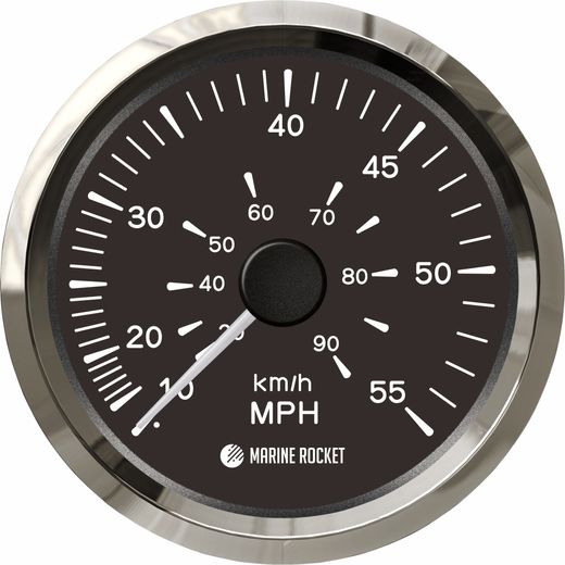Спидометр манометрический 0-55 MPH, черный циферблат, нержавеющий ободок, д. 85 мм, Marine Rocket