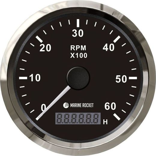 Тахометр 0-6000 об/мин со счетчиком моточасов делитель 0.5-250, черный циферблат, нержавеющий ободок, Marine Rocket