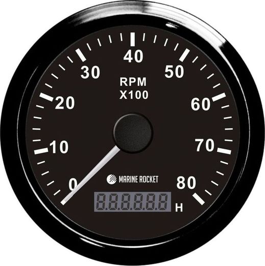 Тахометр 0-8000 об/мин со счетчиком моточасов делитель 1-10, черный циферблат, черный ободок, Marine Rocket