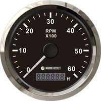 Тахометр 0-6000 об/мин со счетчиком моточасов делитель 1-10, черный циферблат, нержавеющий ободок, Marine Rocket