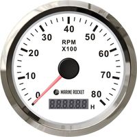Тахометр 0-8000 об/мин со счетчиком моточасов делитель 0.5-250, белый циферблат, нержавеющий ободок, Marine Rocket