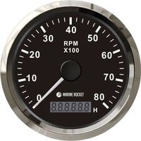 Тахометр 0-8000 об/мин со счетчиком моточасов делитель 0.5-250, черный циферблат, нержавеющий ободок, Marine Rocket