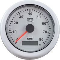 Тахометр 0-8000 об/мин со счетчиком моточасов делитель 1-10, белый циферблат, белый ободок